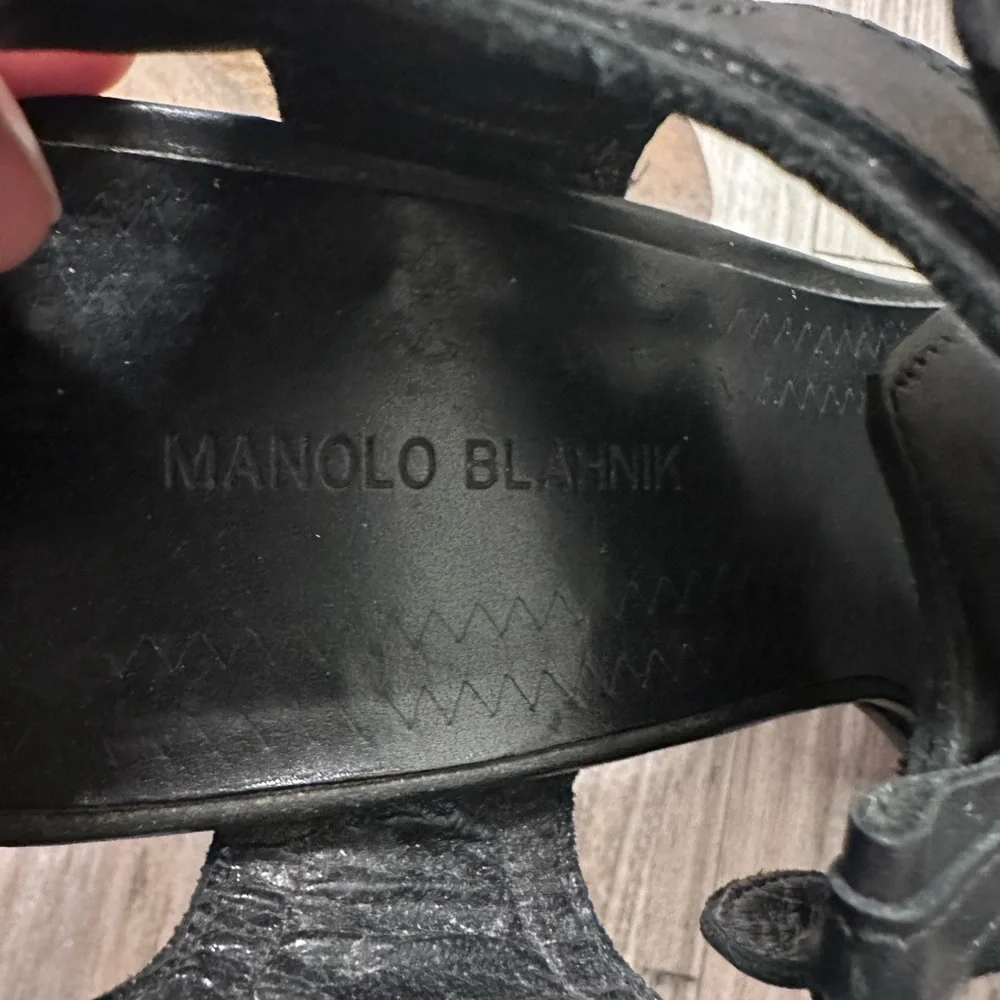 Manolo Blahnik Black Leather Buckle Sandals Brass Medallion Vintage Heels